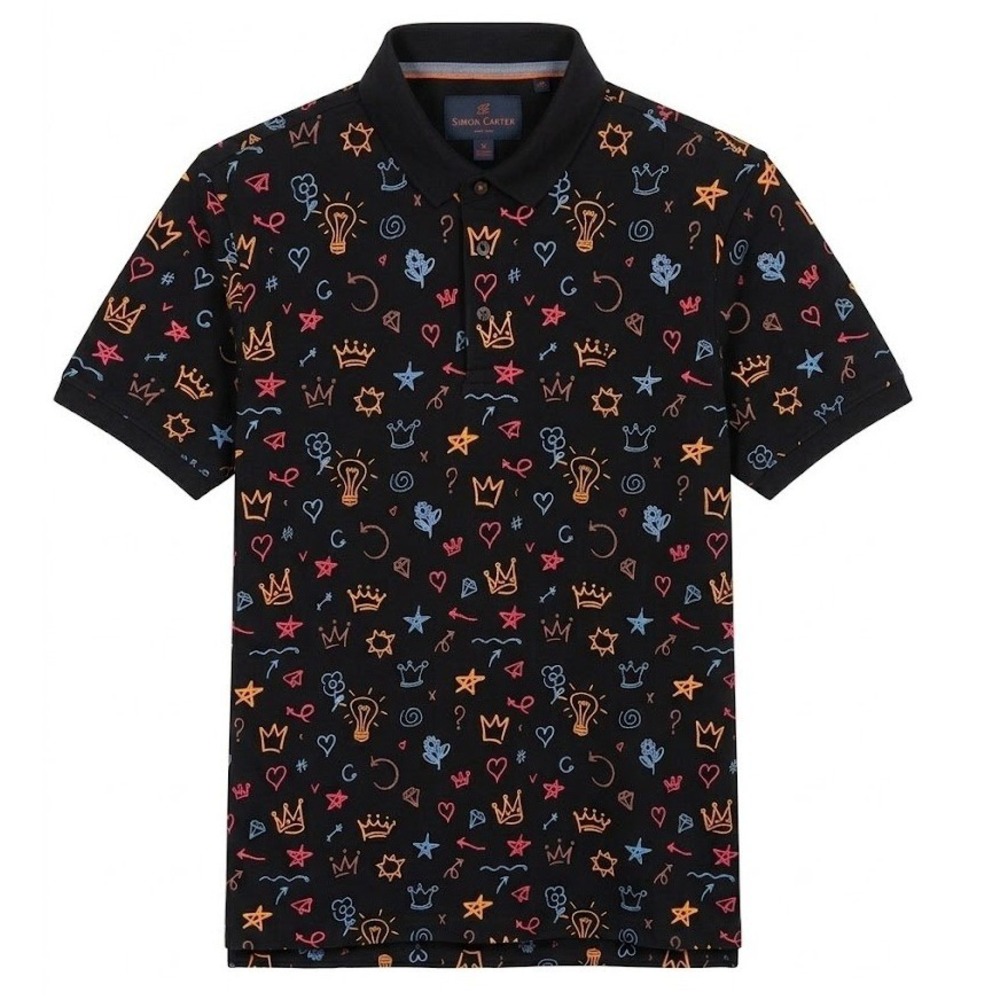 Simon Carter London Mens Black Doodle Polo Shirt Size Medium Crown Heart